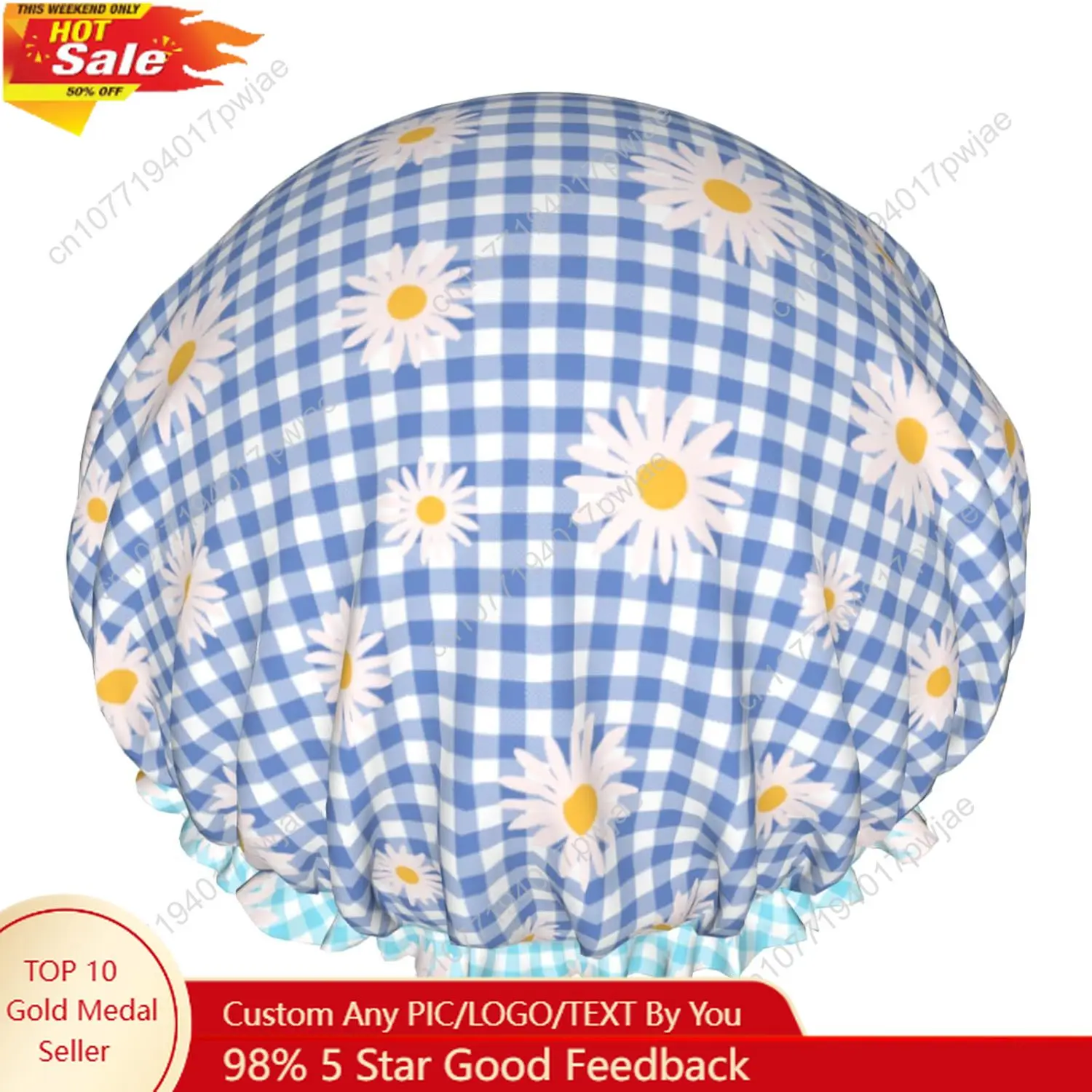 

Blue Checkered Shower Caps for Women Daisy Flower Double Waterproof Layers Bath Hat Elastic Reusable Hair Cap for Shower Cooking