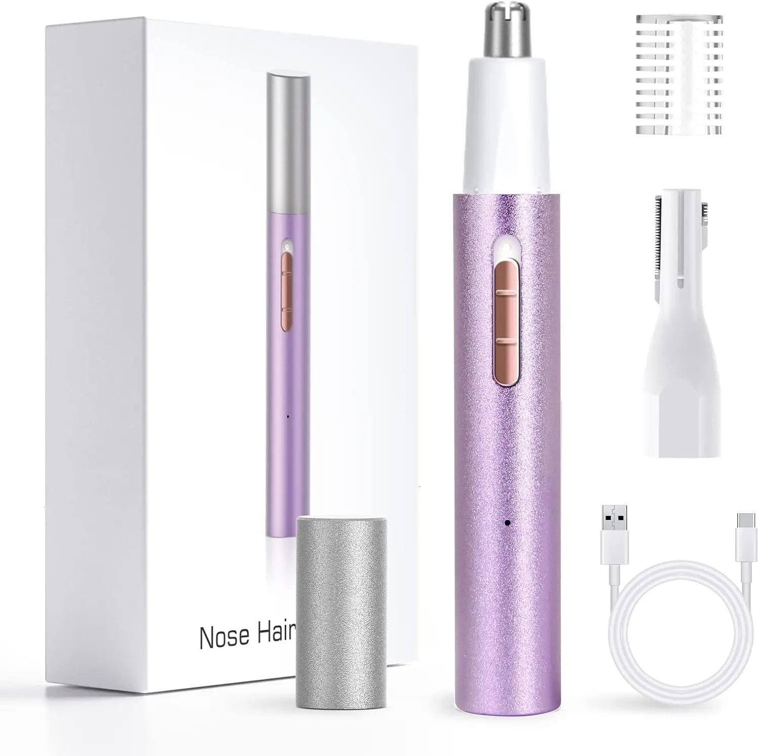 2-in-1 Rechargeable Ear and Nose Hair Trimmer for Women & Men, Painless Facial & Eyebrow Hair Remover, Dual-Edge Blades, Easy Clean, Pink