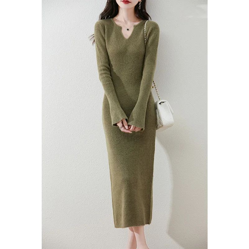 Dresses On Offer Clearance Free Shipping Women\'s Dresses 100% Wool Knitted Jumpers 2024 Winter V-neck Long Dress Pullovers