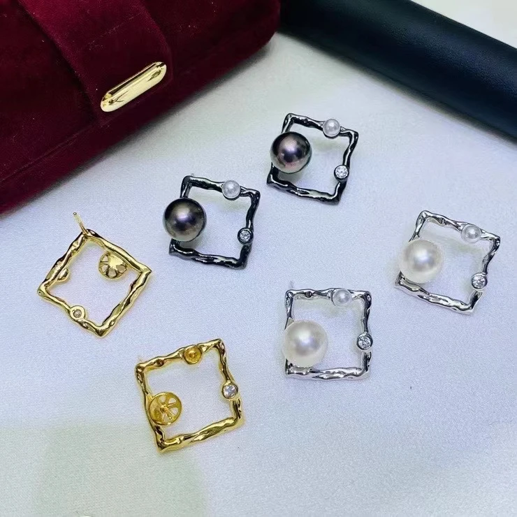 

Square Shape 925 Sterling Silver Earrings Mount Findings Settings Base Mounting Parts Accessory for 3-4mm 8-9mm Pearls