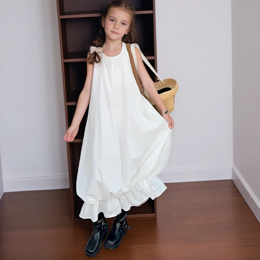 

2025 New Sleeveless Dress for Girls Fashion Jellyfish Hem Bubble White Princess Dresses Summer Chic Long Oversized Tween Gown