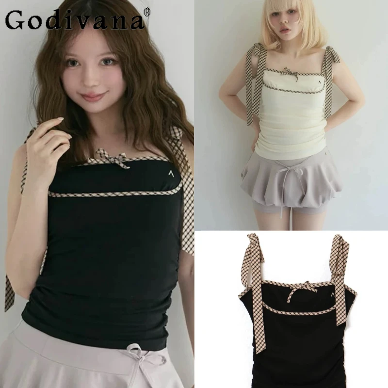 

Lady Japanese Style Fashion Camis Summer 2025 Girls Sweet Cute Bow Lace-Up Sleeveless Tops Women's Vest Female Tank Top