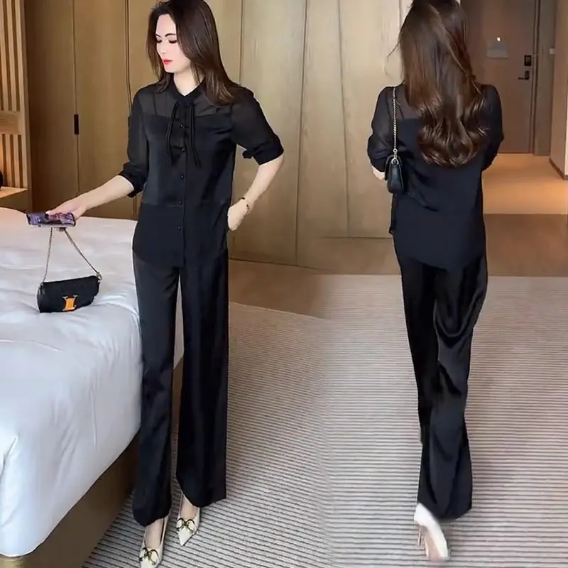 New Chinese Fashion Shirt Trousers suit 2024 Summer New Elegant Button Shirt Wide Leg Pants Two-Piece Y2K Lady Loose Pants Sets