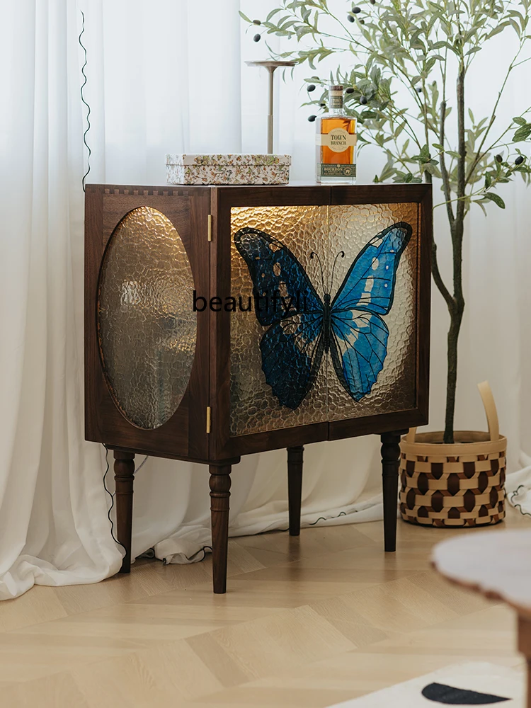 Side Cabinet Wine Cabinet Black Walnut Vintage Stained Glass French Living Room Entrance Cabinet