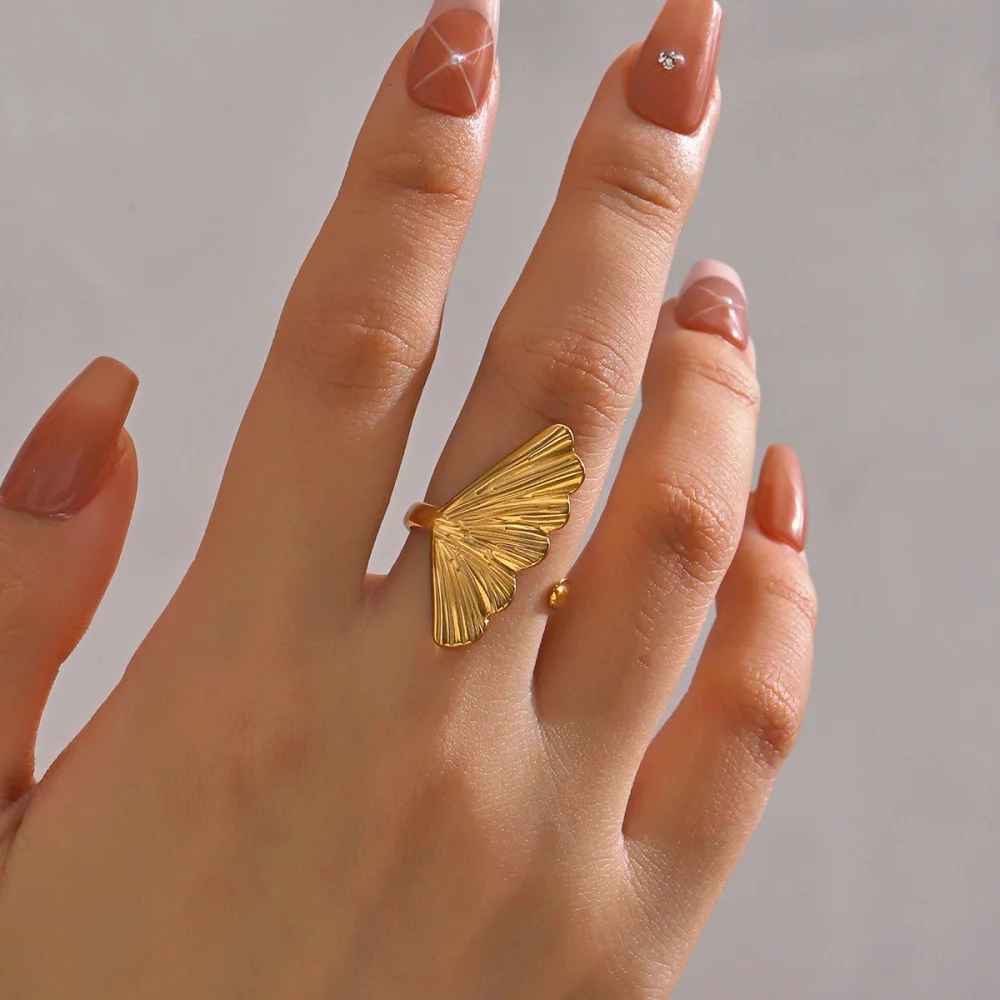 Stainless Steel Gold Color Ginkgo Leaf Open Rings for Women Adjustable Finger Rings Non-fading Jewelry Gifts Wholesale New In