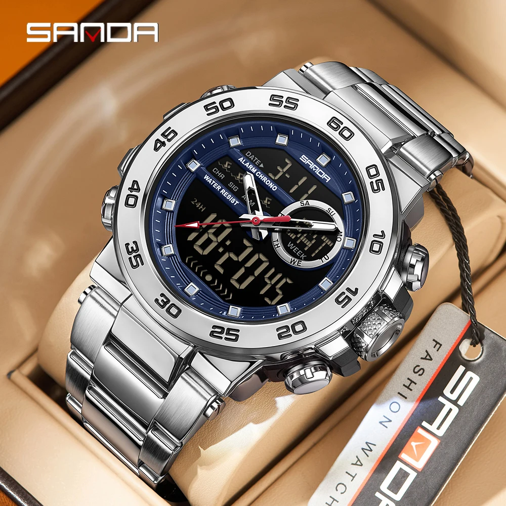 SANDA جديد 6296 ساعة إلكترونية عصرية للرجال رياضية متعددة الوظائف مقاومة للماء قرص كبير ثلاثة دبوس ساعة إلكترونية للرجال