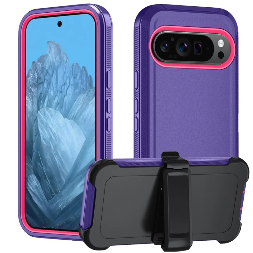 Robuuste beschermhoes met schokbestendige eigenschappen voor Google Pixel 10 9 8 Pro XL 10A 9A 8A, 3-laags hybride TPU+PC beschermhoes met riemclip