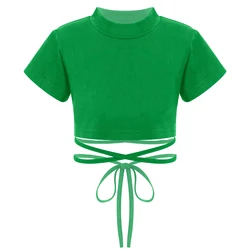 Kid Girls Crop T Shirts Tank Tops Short Sleeve Modern Jazz Dance Hip Hop Performance Costume Sport Crop Top Sash Tie Cross Waist