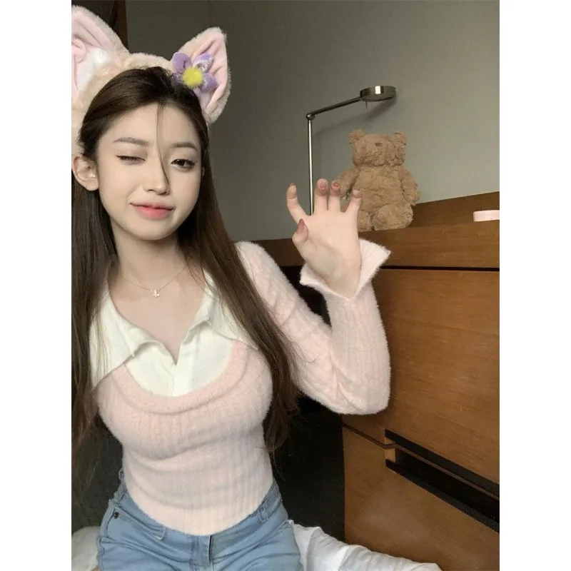 

Fake Two-piece Polo Collar Short Sweater Women's Autumn Winter Tight-fitting Bottoming Shirt Short Long-sleeved Top