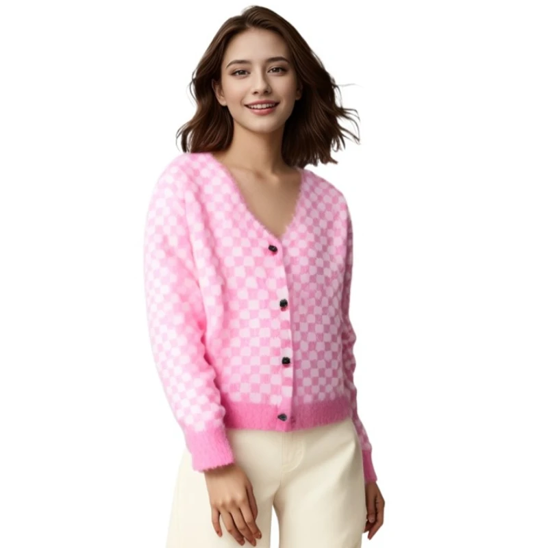 Women Kawii Pink White Crop Cardigan Sweaters 2024 Girls Cute Plaid Chess Knitwear Coat Korean Fashion Long Sleeve Top Outwears