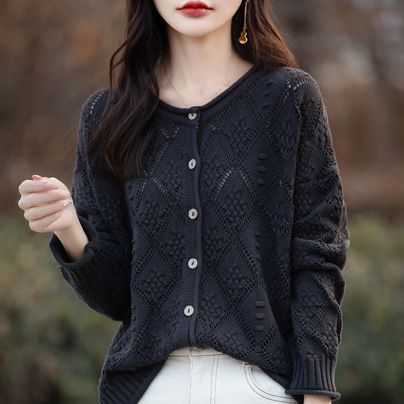 Women's Cardigan Spring/Autumn 100% Cotton Knitwear Casual Ladies' Tops Single-breasted Sweater Jacket Round Neck Hollow Blouse