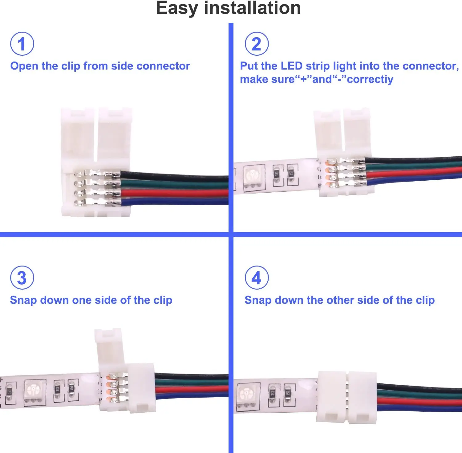 5050 LED RGB Strip Light Connector 4 Pin Conductor 10mm Strip to Controller Jumper Solderless Clip On Pigtail Power Adapter