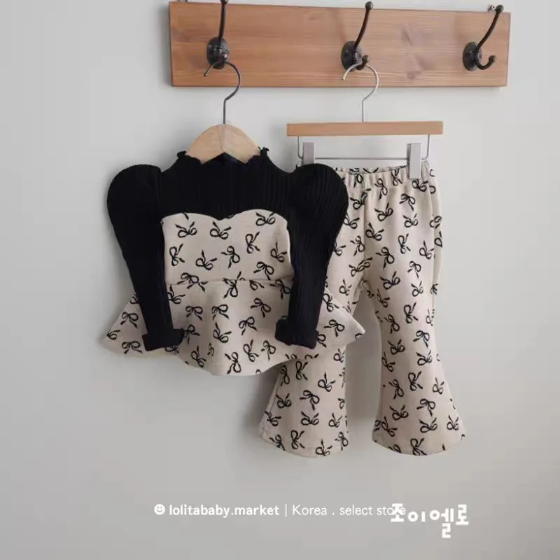 2025 Autumn New Children Long Sleeve Clothes Set Baby Girls Sweet Bow Print Shirts + Flared Pants 2pcs Suit Kids Casual Outfits