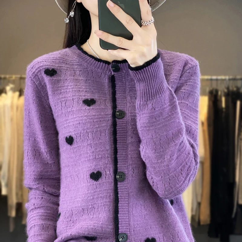 Hot selling new cardigan women\'s 100 Australian wool sweater fashionable knitted jacket cardigan women\'s O-neck wool sweater