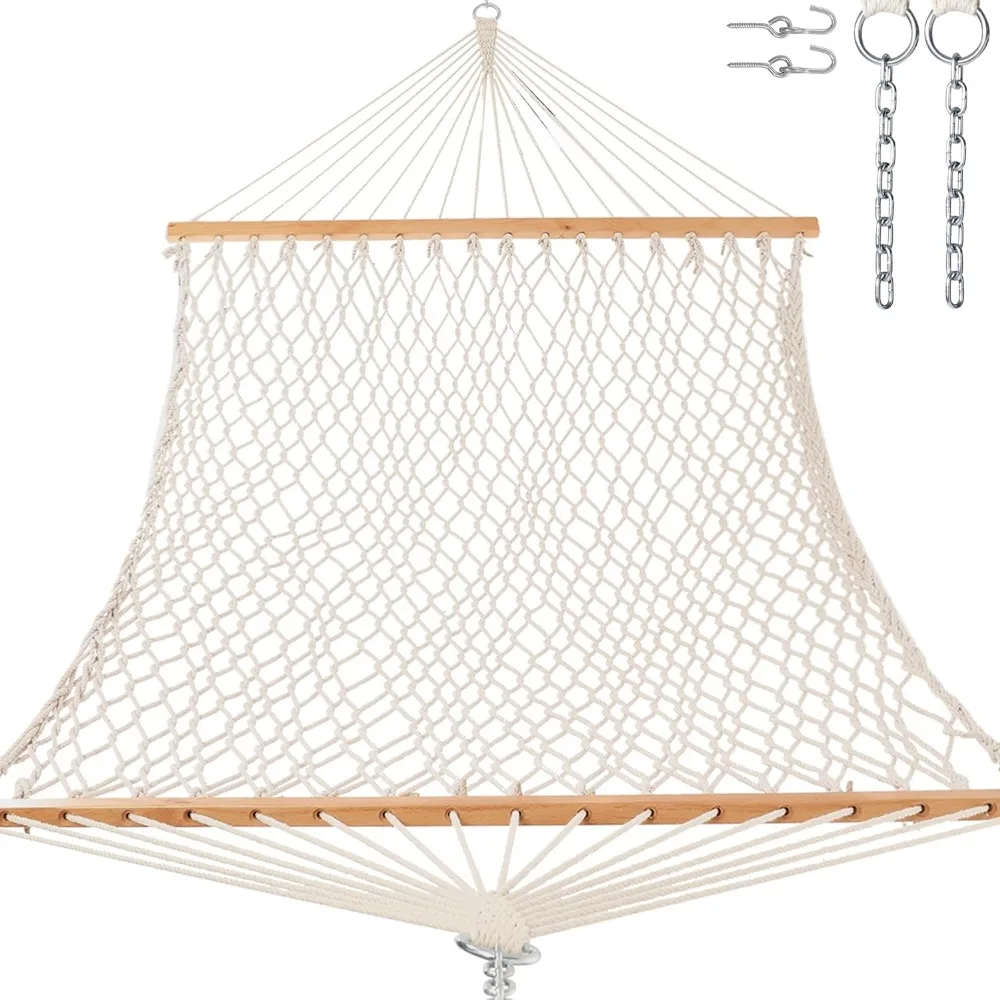 

12ft Double Hammocks, Handwoven Traditional Cotton Rope Hammock with Hardwood Spreader Bar, Chains and Hooks for Indoor