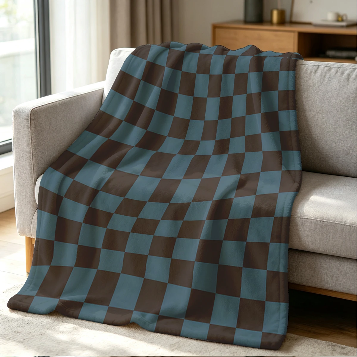 Brown Blue Grey Checker Flannel Blanket Warm Soft Halloween Christmas Couch Warm Cozy Decorative Decor Gift for All Season