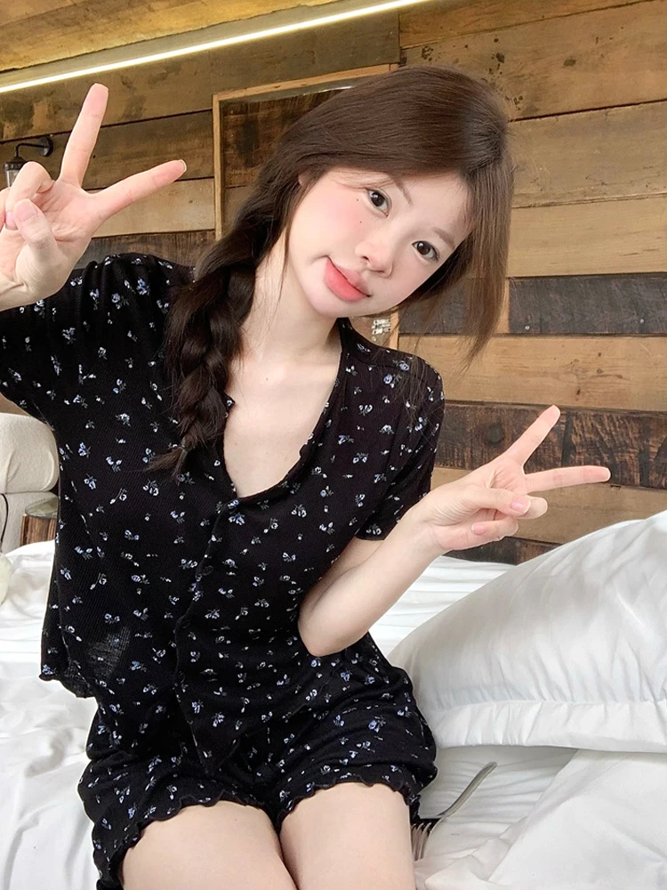 

Floral Print Women's Spwear ort Sve Pure Cotton Modal Home Clothes Two-Piece Set Thin Summer Comfortable Nightgown