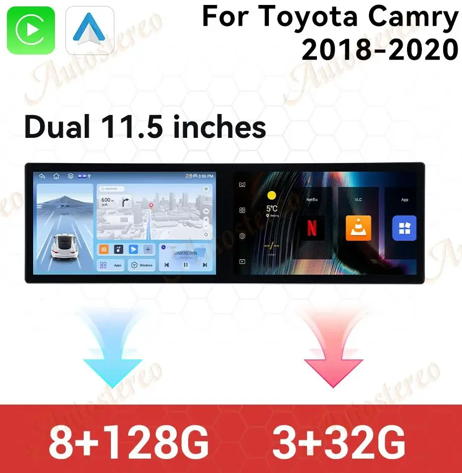 

Android 14, двойной 11,5 HD-экран, умный экран для Toyota Camry 2018-2020, автомобильный радиоприемник, GPS-навигация, мультимедийный плеер, головное устройство