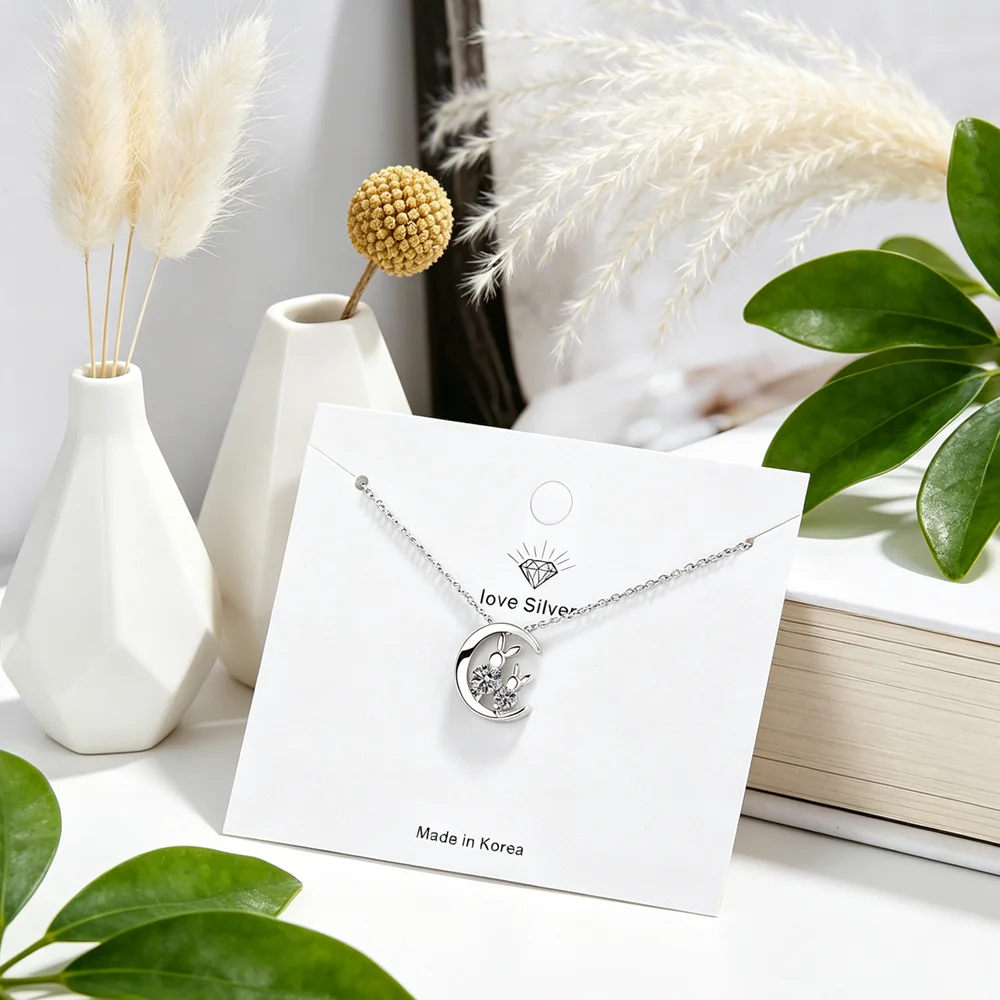 Korean Genuine 925 Sterling Silver Fashion Necklace Jewelry Cute Rabbit Moon Pendant Necklaces for Women Valentine's Day Gift