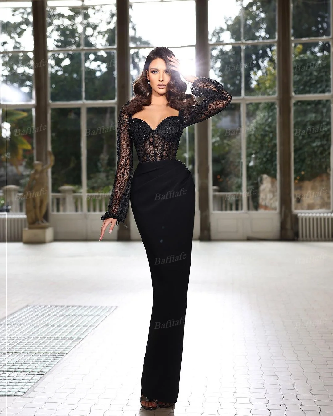 Bafftafe Black Mermaid Evening Dresses Lace Long Sleeves Sweetheart Fitted Bones Transparent Women Formal Prom Gowns Party Dress