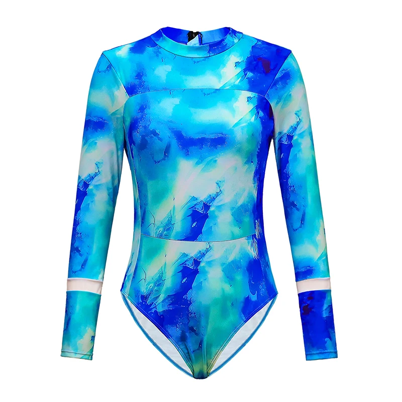 ZAFUAZ Women Long Sleeves Print One Piece Swimsuit and Skirt Rashguard Beachwear Monokini Two piece Bathing Suit Bodysuit