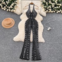 Vintage V-neck Halter Rhinestone Sleeveless Top Sexy Backless Jumpsuit High Street Streetwear Flare Pants Autumn Women Clothing