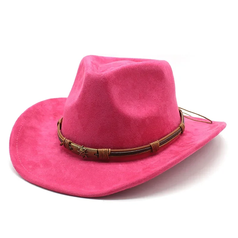Ante nuevo sombrero de vaquero occidental hombres mujeres Jazz Fedora sombreros ala enrollada estilo étnico sombrero de copa gorra de fieltro mujer sombrero de vaquera rosa caliente