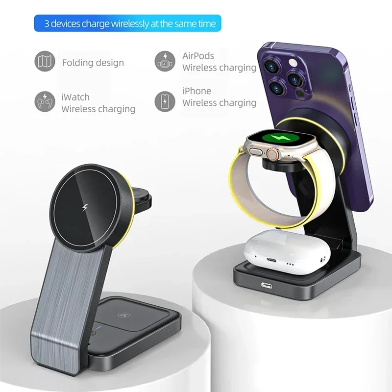 Foldable 3 in 1 Magnetic Travel Wireless Charging Station for IPhone15 14 13Mini AirPods 3 2 iWatch 9 8 7 for Samsung Galaxy S23