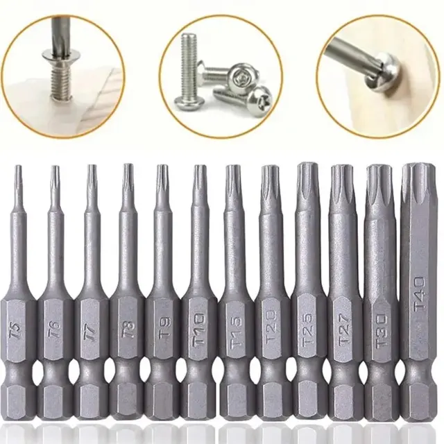 12-częściowy zestaw końcówek wkrętakowych Torx, magnetyczny chwyt sześciokątny 1/4", zestaw wierteł gwiazdowych zabezpieczających przed manipulacją, końcówka długa 2" T5-T40 (50 mm)