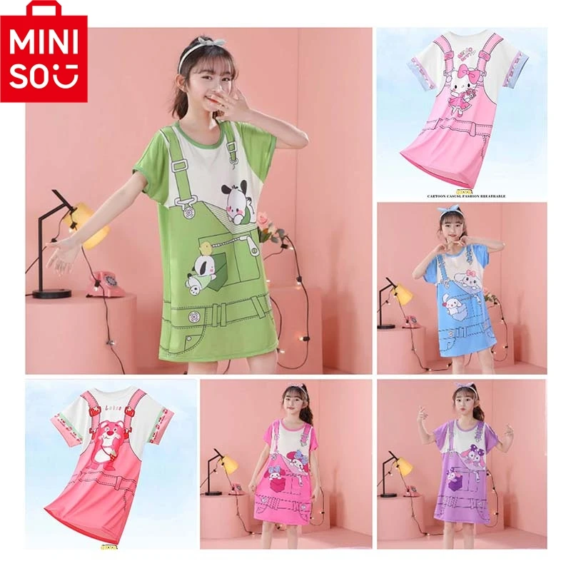 

MINISO Disney Night Dress for Girls Nightgowns Summer Sleepwear Short Sleeve Kids Home Clothes 3 to 4 5 6 7 8 9 10 11 12 Years