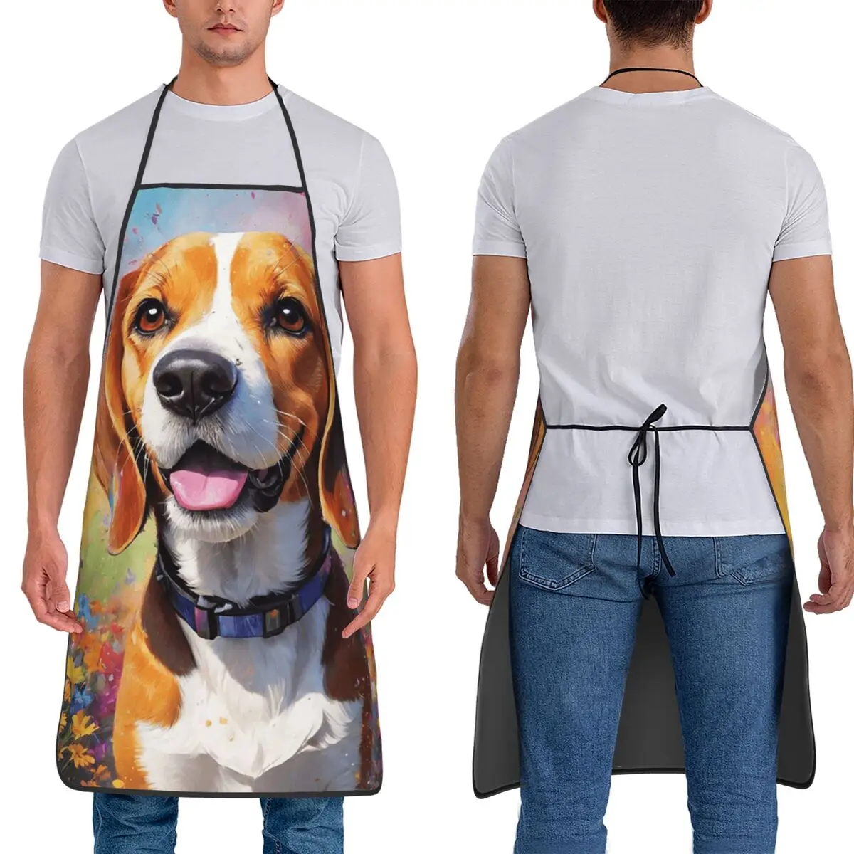 Colour Happy Puppy Dog Print Aprons Chef Cooking Tablier Sleeveless Bib Kitchen Cleaning Pinafore for Women Men Painting