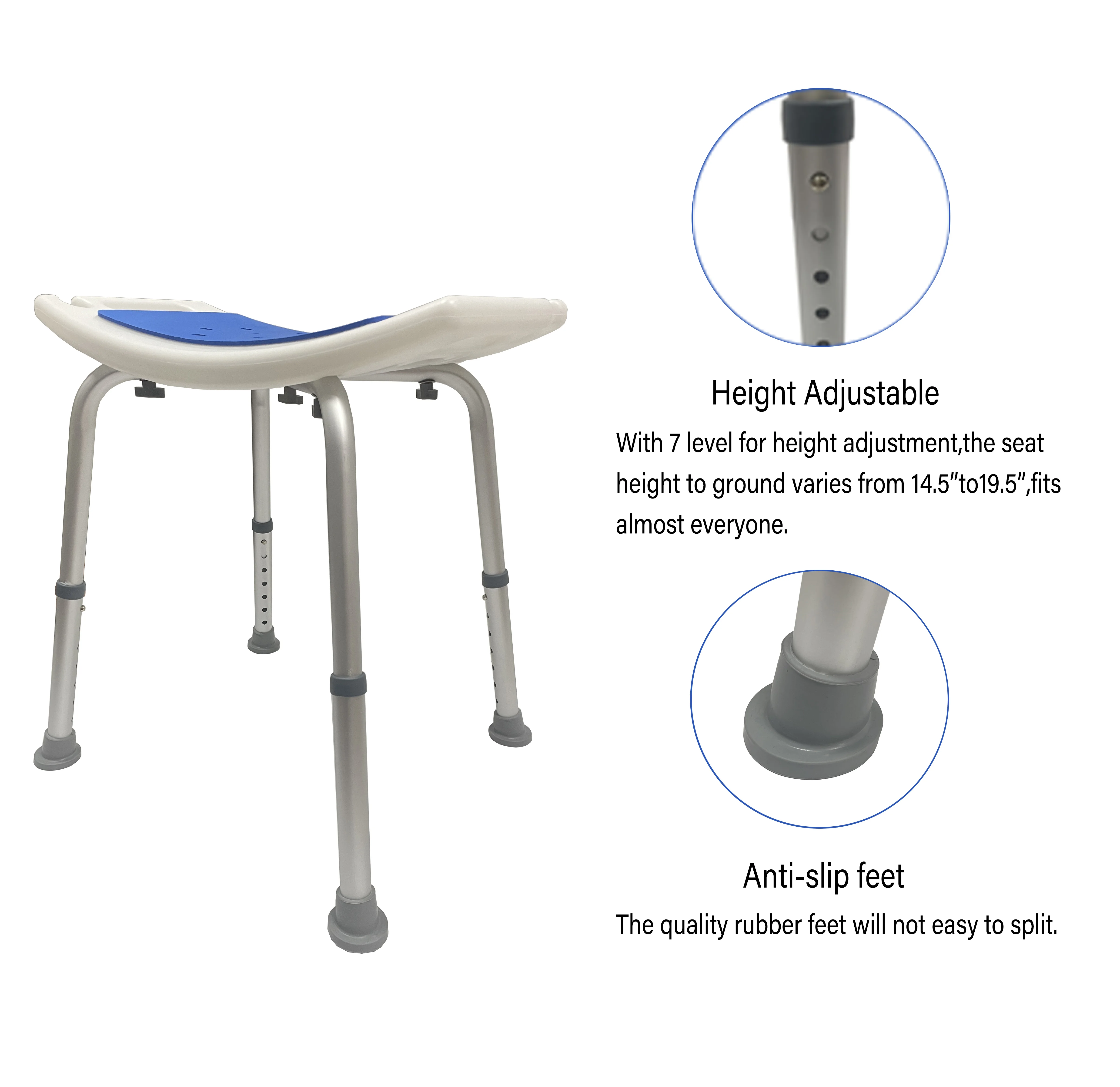 Square Bathroom Adjustable Height Shower Chair Aluminum Alloy Bath Chair with Non-slip Cushion Shower Stool Without Backrest