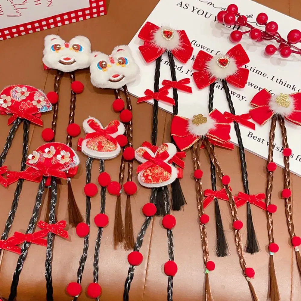

Sweet Tassel Wig Hairpin Wig Fringe Plush Ball Hairpin Chinese Lion Dance Red Bow Hair Clip Decoration