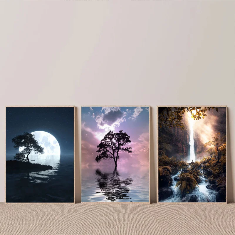 Moon Trees Sea Frameless Canvas Painting Decorative Art Printing Poster Image Home Living Room Bedroom Decoration