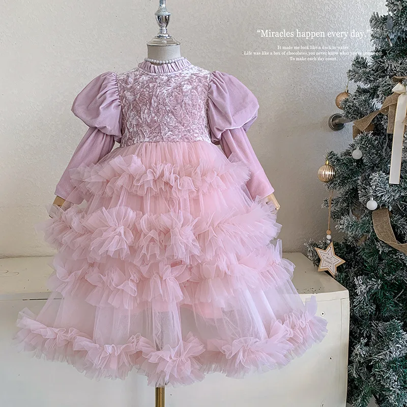 

Girls' Winter Dress2025New Children's Elegant Fleece-Lined Long-Sleeve Dress Girl's Layered Princess Cake Dress