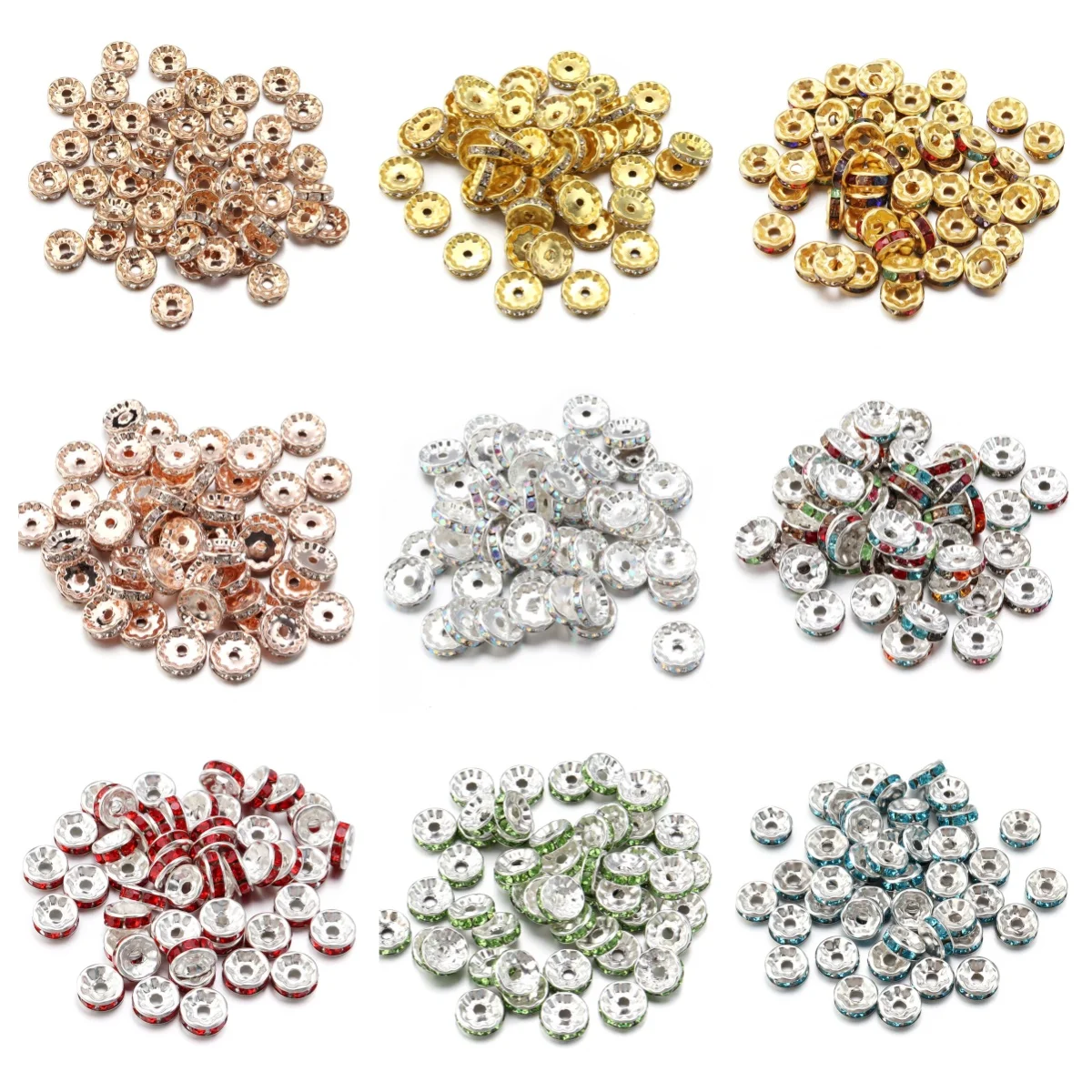 

50pcs Rhinestone Spacer Beads Multi-color Crystal Metal Spacers Rondelle Beads for Clothing Decoration Making DIY Accessories