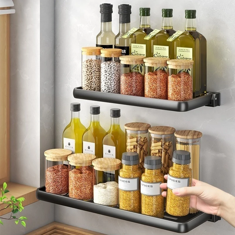 Kitchen Seasoning Folding Storage Rack,Wall Mounted,Non Perforated,Multifunctional Rack For Oil,Salt,Sauce,Vinegar Seasoning