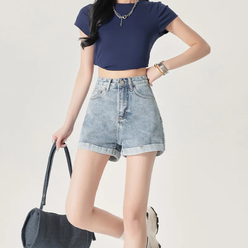 

2025 Versatile High Waist A-Line Shorts Women's Spring Summer Thin Ins Style Casual Wide Leg Pants Loose Plus Size Denim Shorts