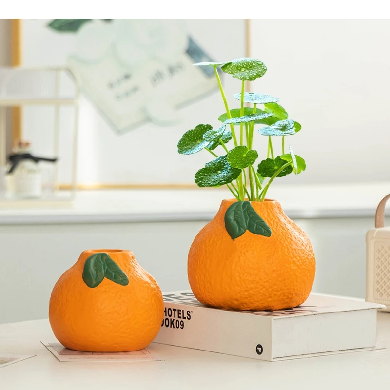 Kreative orangefarbene Keramikvase, 2 Stück, orangefarbene Pflanzentöpfe, Tischdekoration, Blumenarrangement, Blumenvasen, ästhetische Raumdekoration