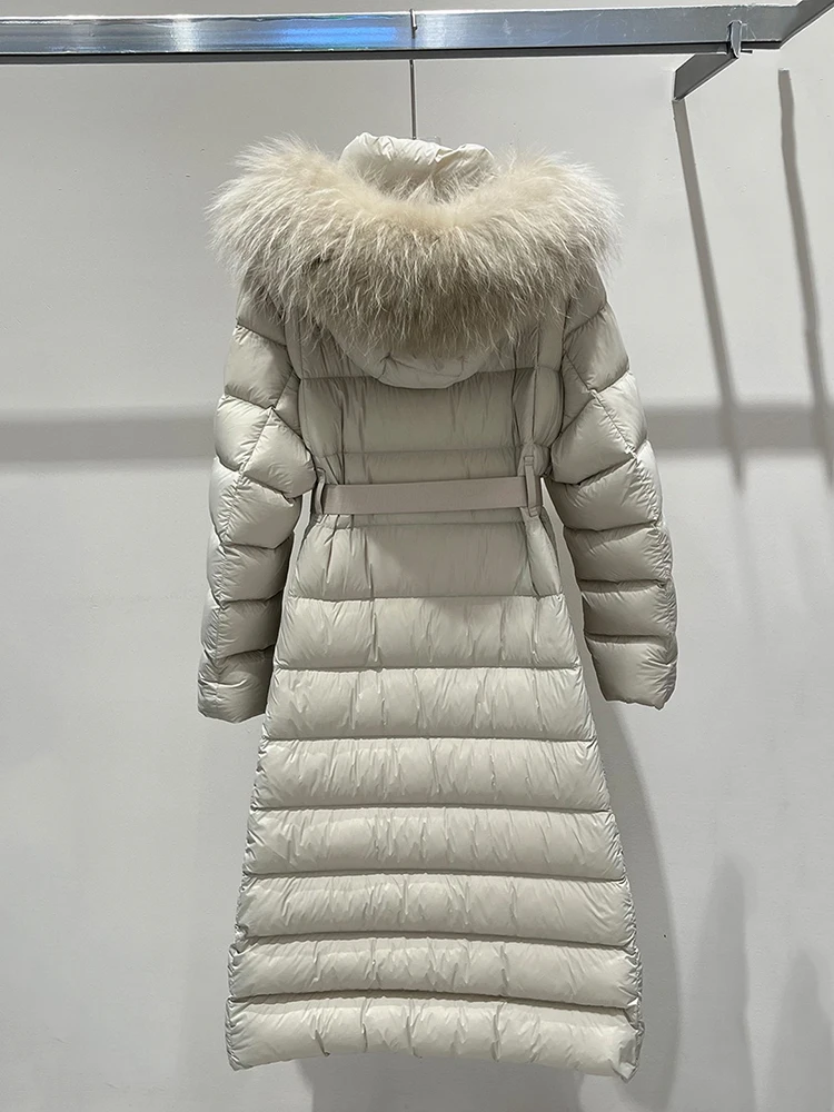 2026 winter new style big hair collar hooded down jacket, temperament fashion belt slim down padded long women's coat