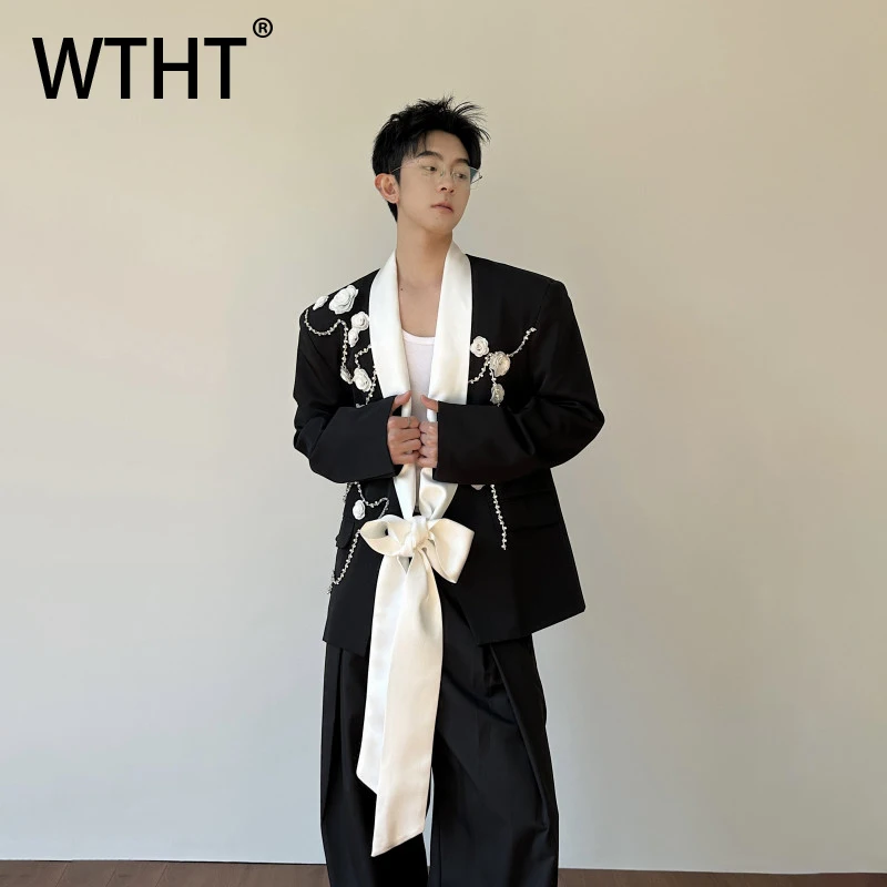WTHT Fashion Men's Heavy Industy Spliced Flower Beads Design Blazer Coats Trendy Ribbon Contrast Color Jackets Male 2A2611