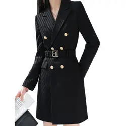 Spring Autumn Professional Women's Blazer Dress Double-breasted Long-sleeved Belted Slim Fit Work Jacket 2026 New Arrival