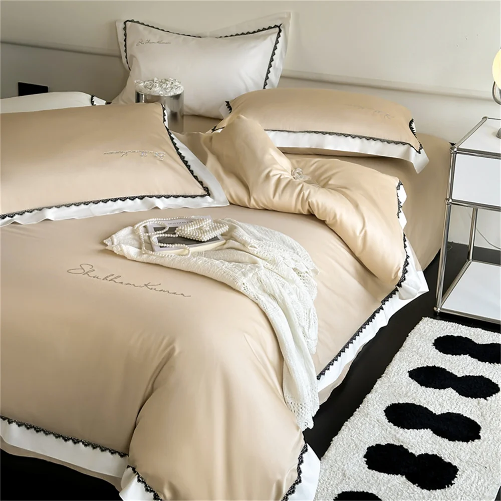 Svetanya Hot Diamond Lace Egyptian Cotton Bed Linens Bedding Set Sheet Pillowcase Duvet Cover Full Ru Queen King Size