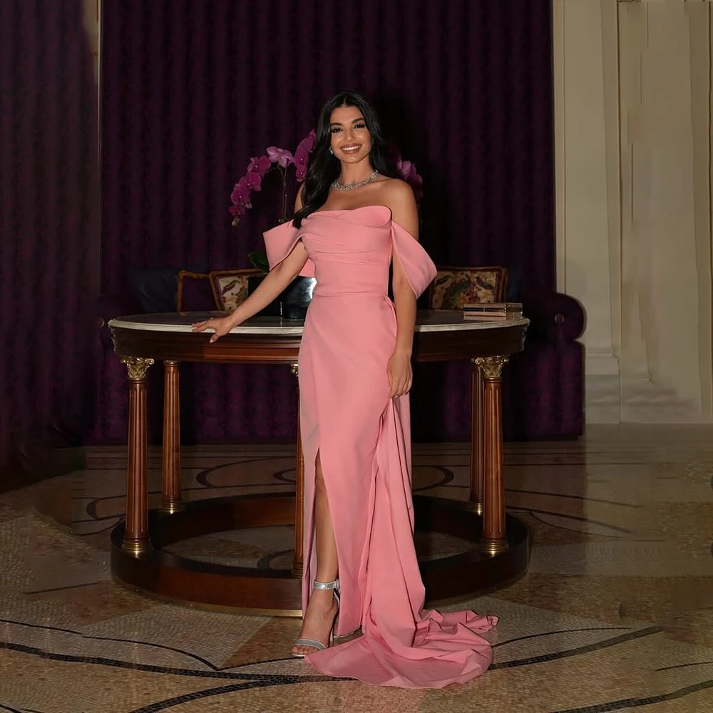 

Elegant Evening Dresses Customized Strapless Sleeveless Slit Mermaid Prom Dress Gala Women Party Dress Pink Wedding Guest Gown