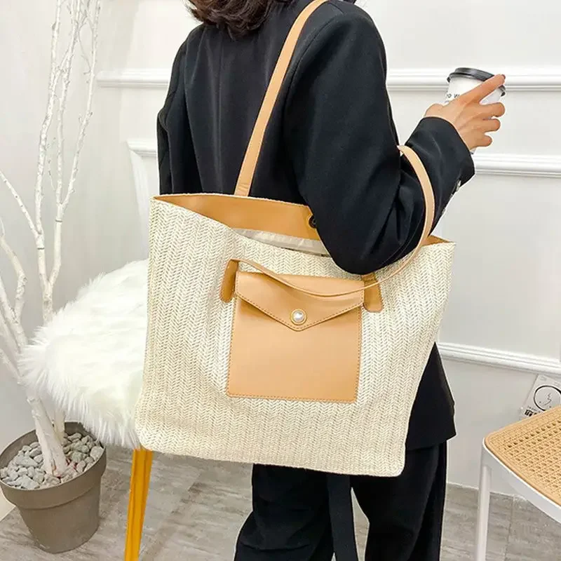 

Foufurieux Straw Woven Shoulder Bags Rattan Portable Ladies Summer Beach Messenger Bags Shopping Bag Large Hollow Handbag Ladies