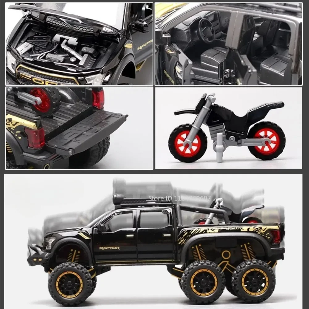 1:28 Schaal 6x6 Raptor F150 Auto Model Speelgoed Legering Diecast Muziek Licht Pull Back Truck Apv modellen voor Kinderen Speelgoed Geschenken