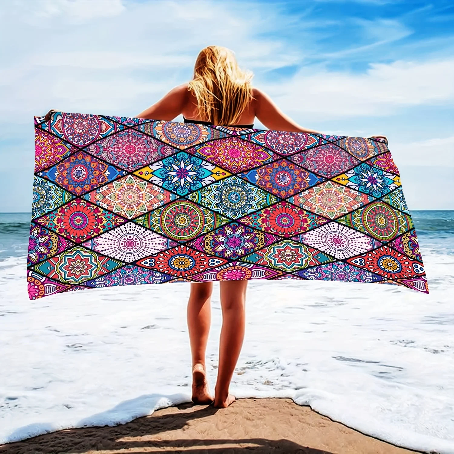 

1 Pc Boho Sandproof Beach Towel -Quick-DryingLattice Design For Sports, Travel, Swim, Pool, Yoga &More