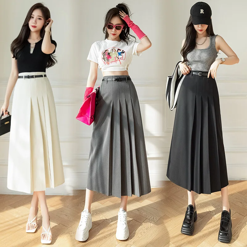 Mid-Length Skirt for Women 2024 Autumn and Winter New Design High Waist Slimming Pleated Skirt Apricot Cover a-Line Skirt