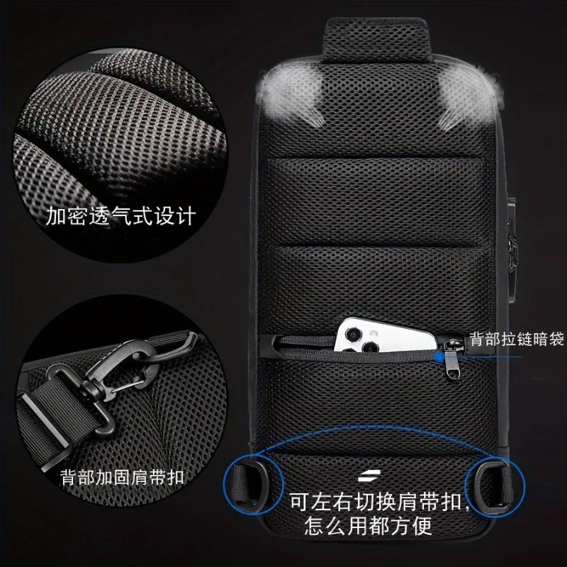 Sac messager Oxford USB étanche, sac à bandoulière antivol avec mot de passe, sac de poitrine de voyage multifonctionnel pour ordinateur pour hommes