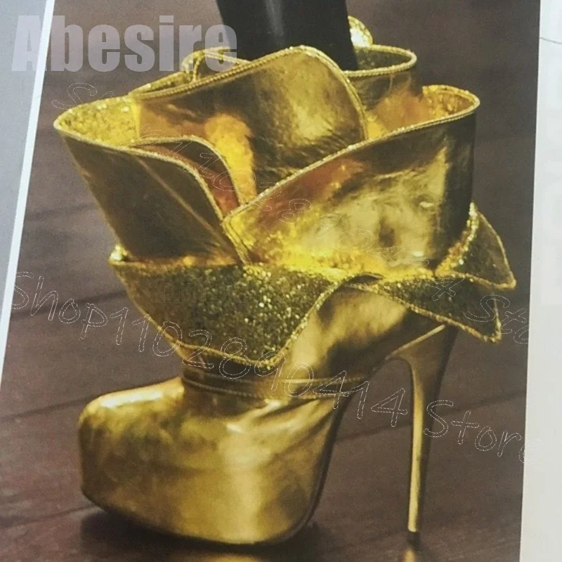 

Gold Sequins Ruffles Design Round Toe Platform Boots Slip On Women Shoes Thin High Heels Party Banquet 2024 Zapatos Para Mujere